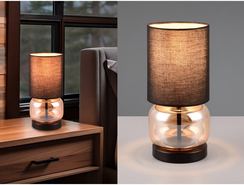 Meinewunschleuchte - led Tischleuchte mit Glasfuß Amber und Stoffschirm Schwarz, Höhe 28cm