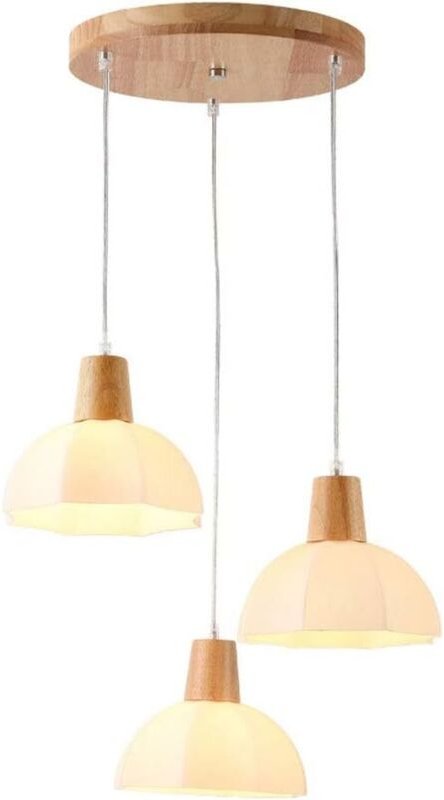 Tonchean - Pendelleuchte aus Holz und Glas, milchig-weiße Deckenpendelleuchte aus Glas, rustikale Hängeleuchte für Küche...