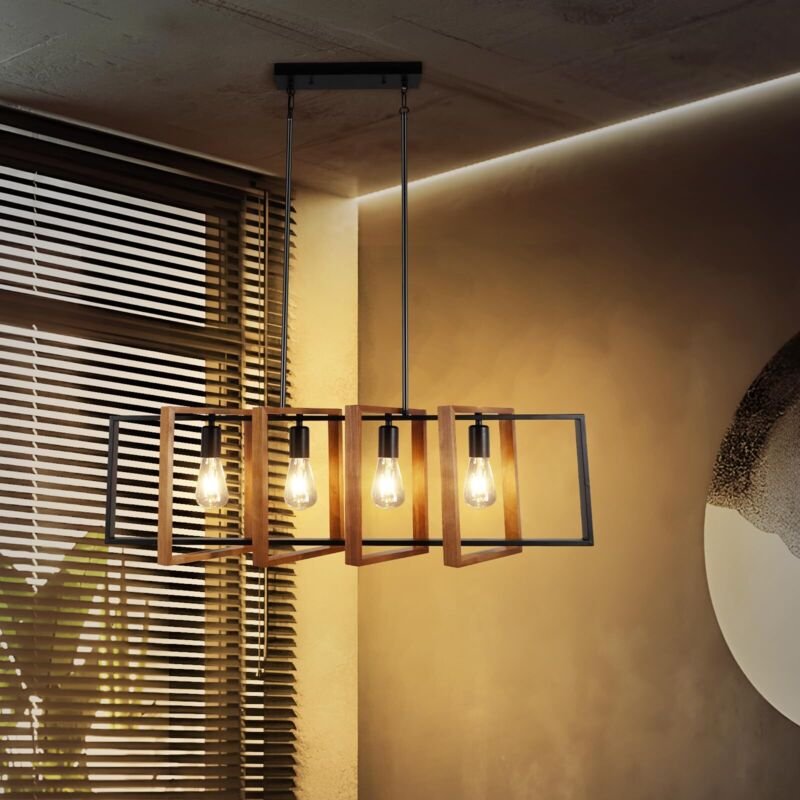 Moderne Kücheninsel-Beleuchtung 4-lampig 90 cm moderne Metall/Holz-Pendelleuchte in schwarzem Rustikale-Holz, E27, ohne ...
