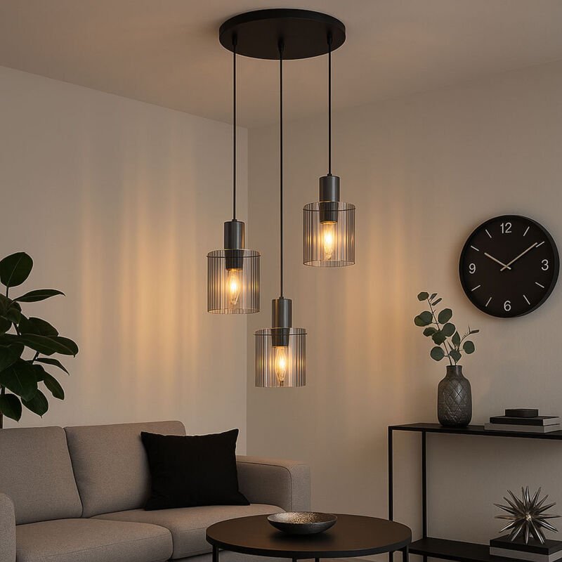 LED Pendellampe Pendelleuchte Wohnzimmerlampe Hängeleuchte 3 Flammig Rauchglas, Metall grau, 3x 8W 806lm warmweiß, DxH 4...