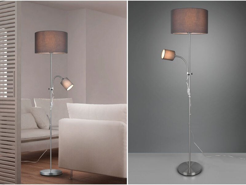 Thumbnail - Stehleuchte OWEN Flexarm mit Leselicht Silber & Stoffschirm Grau, Höhe 160cm