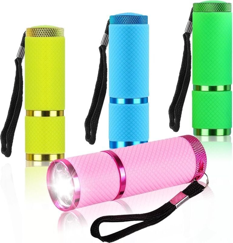 Set mit 4 Mini-Taschenlampen, 9 LEDs und einer Taschenlampe in verschiedenen Farben für Camping, Wandern und Outdoor-Akt...