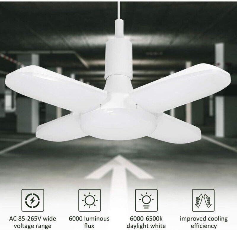 LED-Garagenleuchte, 60 W, E26/E27, 6500 K, 6000 lm, verstellbare 4-Panel-LED-Deckenleuchte für Garage, Lagerhalle, Werks...