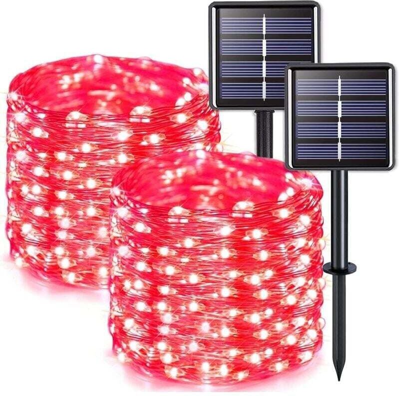 2er-Pack Solar-Lichterketten für den Außenbereich, Kupferdraht, wasserdicht, 22 Meter pro Kette, 200 LEDs (rotes Licht)