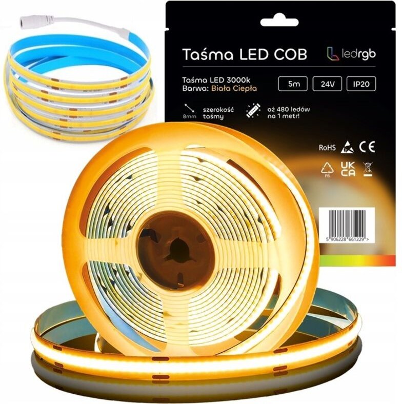 Neon COB LED-Streifen, 24 V, 5 m, 480 Dioden, 3000 K, warmweiß, homogen, 8 mm