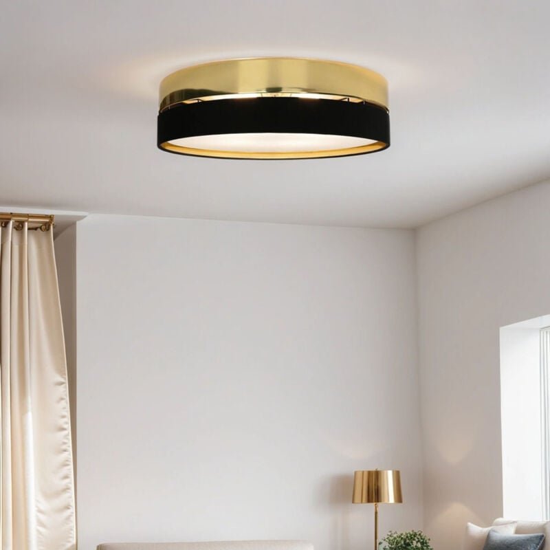 Deckenleuchte Metall Stoff rund ø 60 cm Schwarz Gold blendarm 4x E27 Deckenlampe Wohnzimmer Schlafzimmer