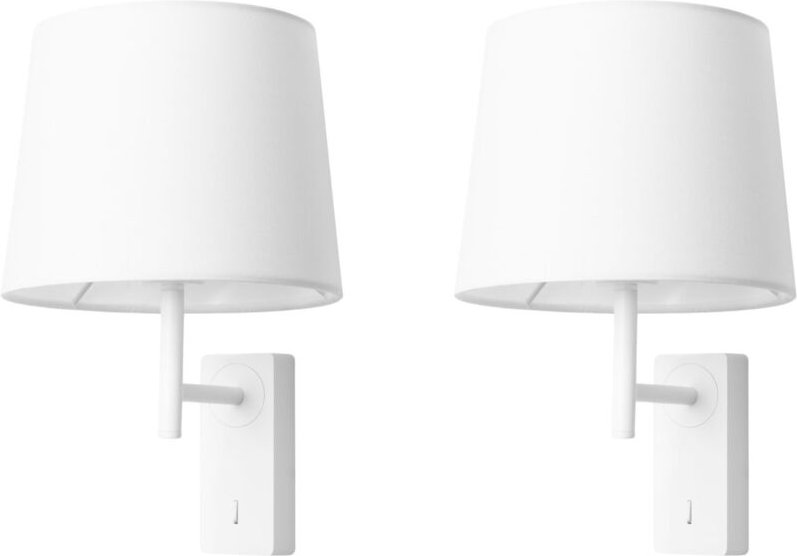 Aura - 2 Apliques de Pared para Dormitorio E27 con Interruptor on/off en la Base. Color Blanco con Pantalla de Textil