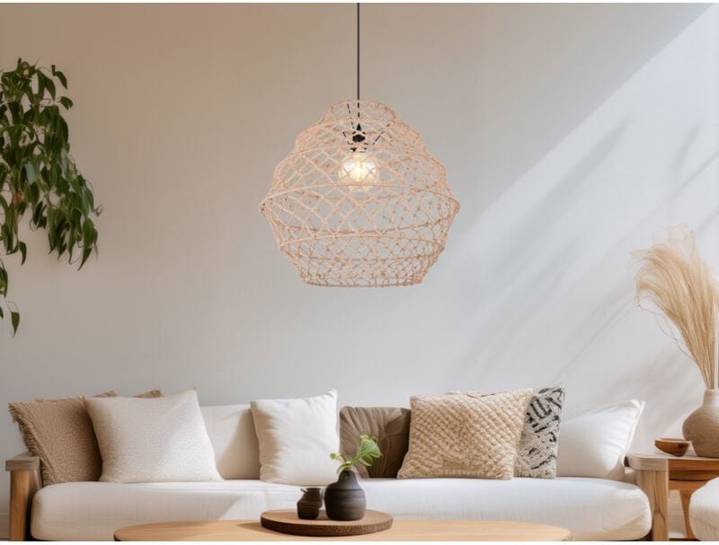 Meinewunschleuchte - Große led Boho Pendelleuchte mit Lampenschirm geflochten Hanfseil, ø 60cm