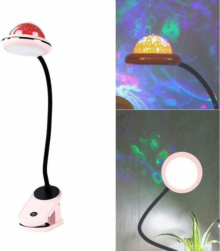 Clip-Lampe für Kinder, per USB wiederaufladbares LED-Leselicht zum Anklemmen mit Sternenprojektion, 360°-Schwanenhals-Na...