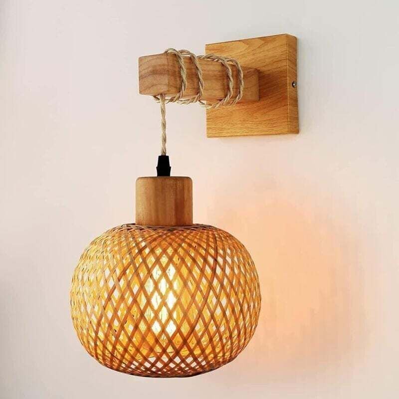 Vintage Wandleuchte für den Innenbereich, Wandlampe aus Holz und Metall, E27 Retro-Käfigleuchte mit Rattanschirm für Woh...