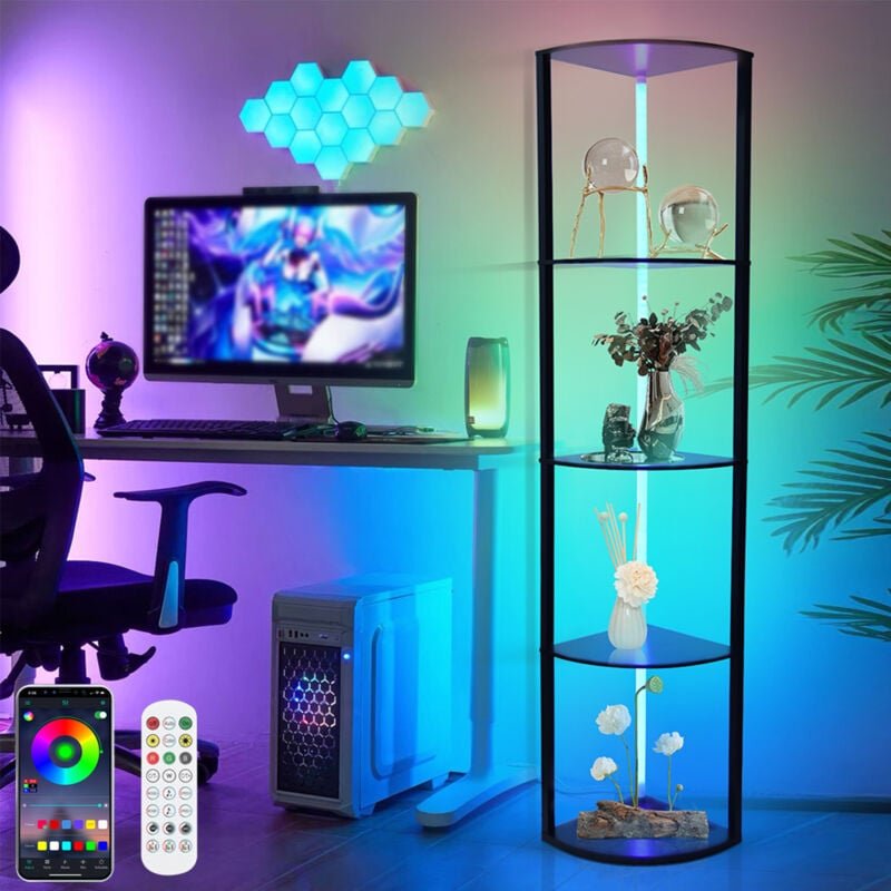 Led Stehlampe mit Holzregal, rgb Holz Stehleuchte Standleuchte Regal, 4-Ebenen, Dimmbar Ecklampe Innenbeleuchtung Bodenl...