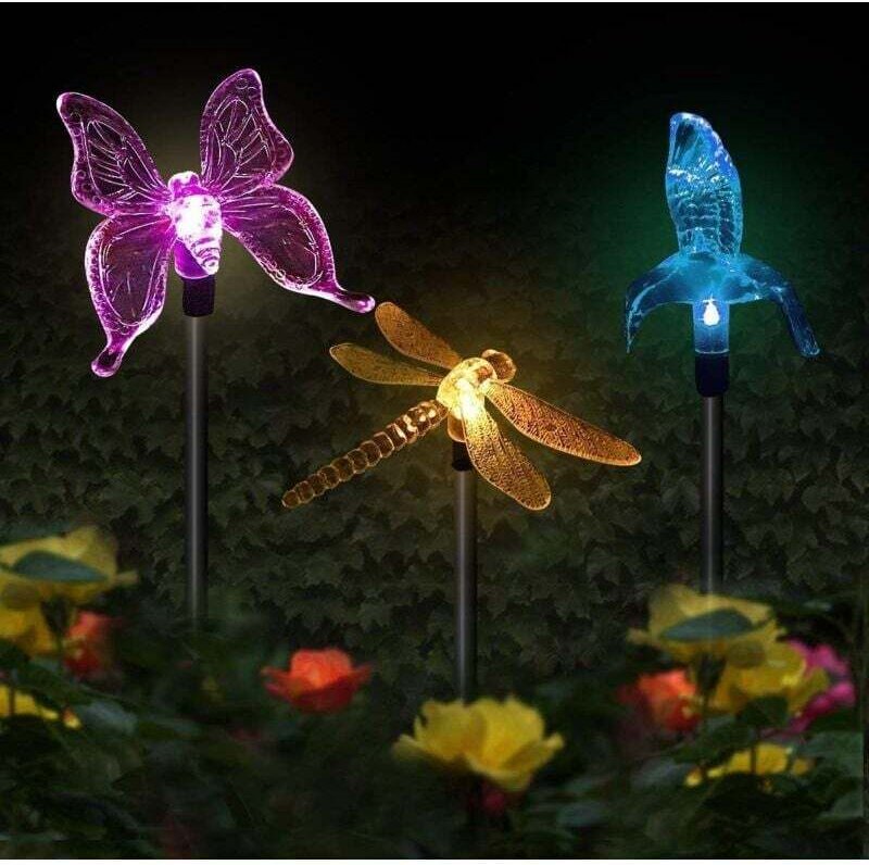 3er-Pack Solar-Gartenleuchten, LED-Mehrfarben-Wechsel-Schmetterlings-, Kolibri- und Libellenformen für Partydekoration, ...