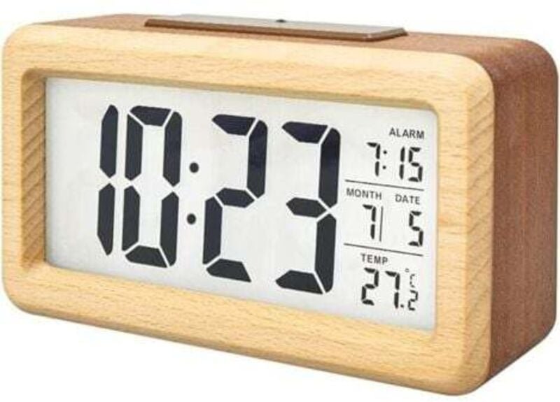 Batteriebetriebener digitaler Wecker aus Holz mit LCD-Display, intelligentem Sensor-Nachtlicht und Schlummerfunktion für...