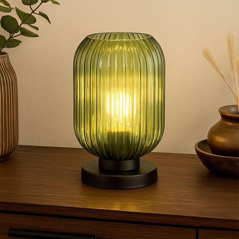 Led Tischlampe Nachttischleuchte Wohnzimmerlampe Schlafzimmerleuchte, Metall schwarz Glas grün, E27 Filament led warmwei...