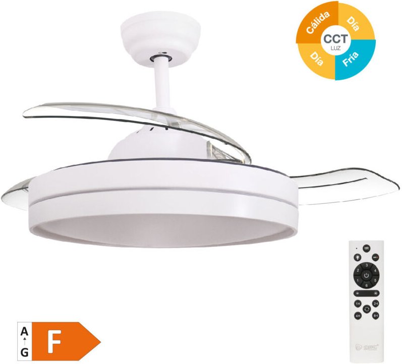 Deckenventilator Lugela mit einstellbarem CCT-Licht und Ø107-Steuerung, 3 einziehbaren DC-Flügeln, Weiß