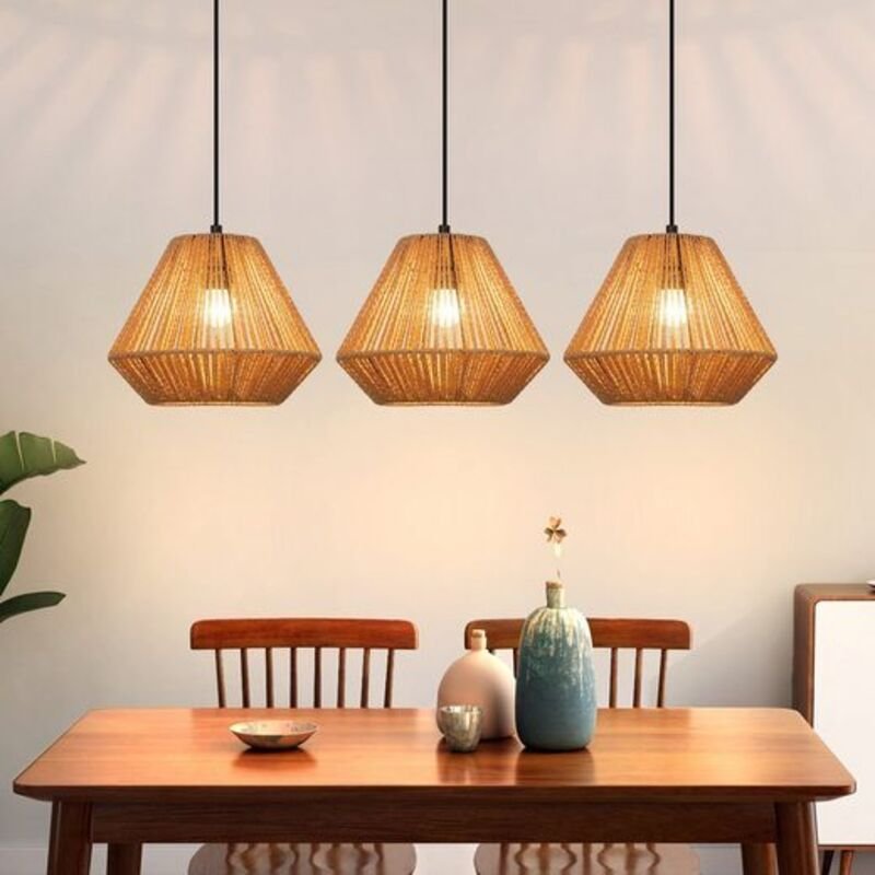 GBLY Pendelleuchte Boho Rattan Hängelampe E27 Höhenverstellbar Retro Esstischlampe Für Esszimmer Terrasse Ohne Leuchtmit...