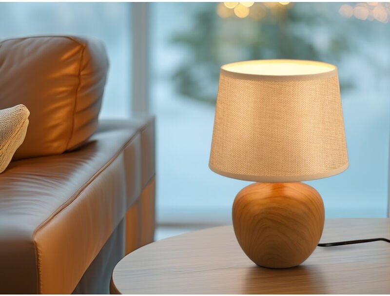 Thumbnail - Webmarketpoint - Tischleuchte luxor Keramik Holzoptik mit Stoffschirm Beige, Höhe 26cm