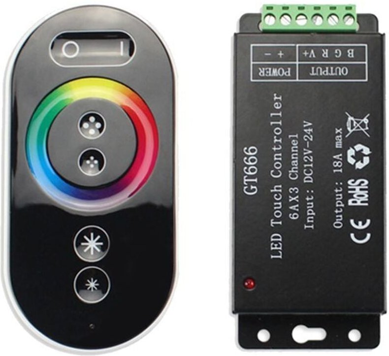 GT666 RGB LED-Streifen-Controller mit kabelloser Touch-Fernbedienung, 12 V/24 V, 18 A, 3 Kanäle, Dim