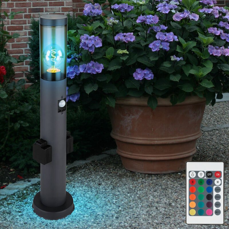 Sockelleuchte mit Bewegungsmelder Außenleuchte mit Steckdosen Stehlampe Außen, anthrazit rauch, dimmbar Fernbedienung, 1...