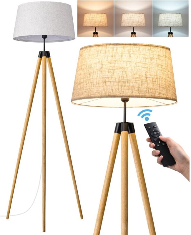 EDISHINE Stehlampe Wohnzimmer Dimmbar, 4 Modi, E27 Fassung, 2700K LED-Glühbirne, Stehleuchte Boho mit Stativ aus Holz, V...