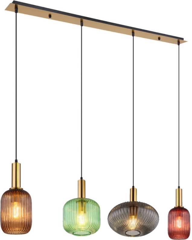 Pendellampe Hängeleuchte Esszimmerlampe, 4-flammig, Retro Designlampe, Bunte Glasschirme, Metall, messing schwarz, 4x E2...