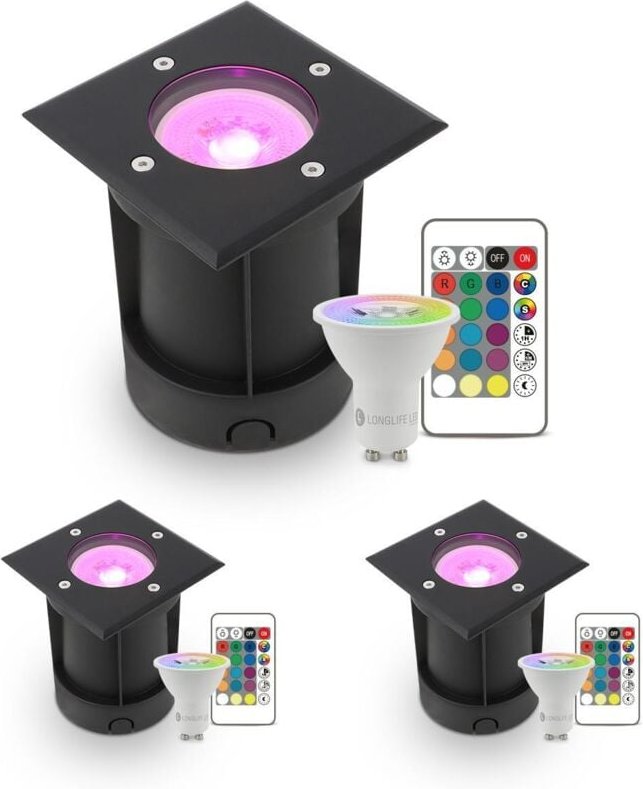 Thumbnail - LED Bodeneinbaustrahler Schwarz eckig 230V IP67 - Leuchtmittel: GU10 5W RGB+CCT inkl. IR Fernbedienung - Anzahl: 3x