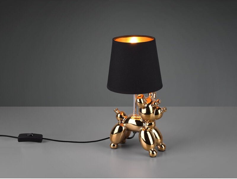 Coole LED Tischleuchte Keramik Hund Gold mit Stoffschirm in Schwarz, Höhe 33cm