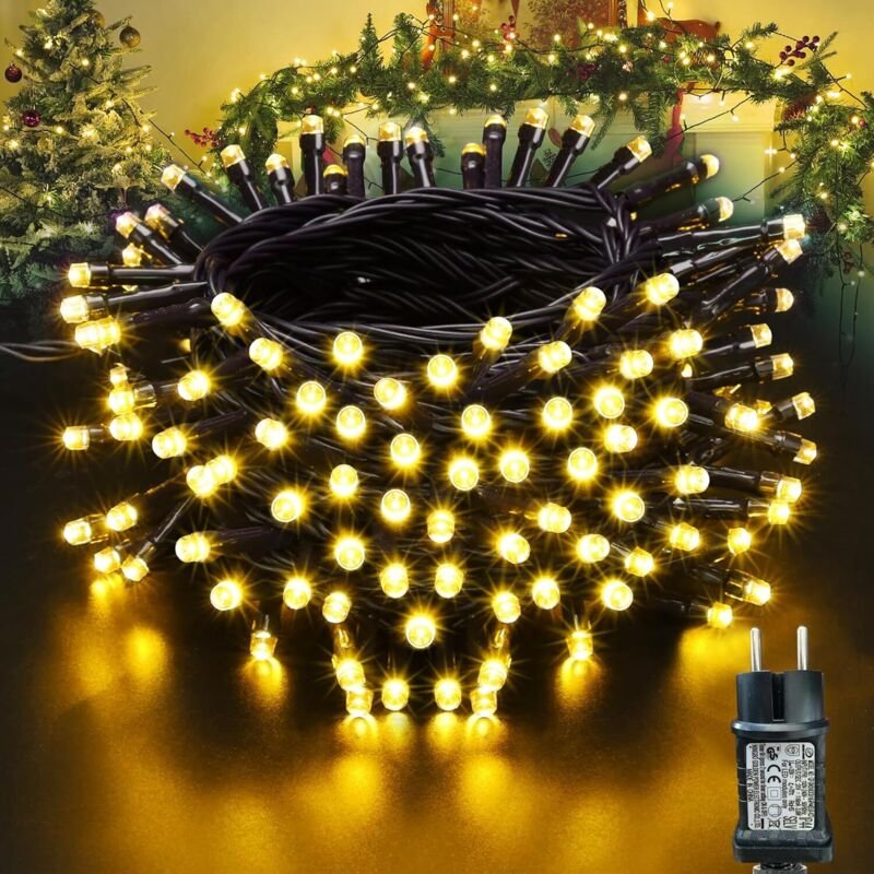Lichterkette Weihnachtsbaum - 10M 100 LED Warmweiß Lichterkette Außen Strom mit Timer Speicherfunktion, Grünes Kabel, Wa...
