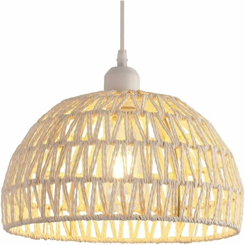 COMELY Moderne Rattan Pendelleuchte, Weißer Vintage-Lampenschirm aus Naturrattan, Höhenverstellbare Hängelampe E27 für K...