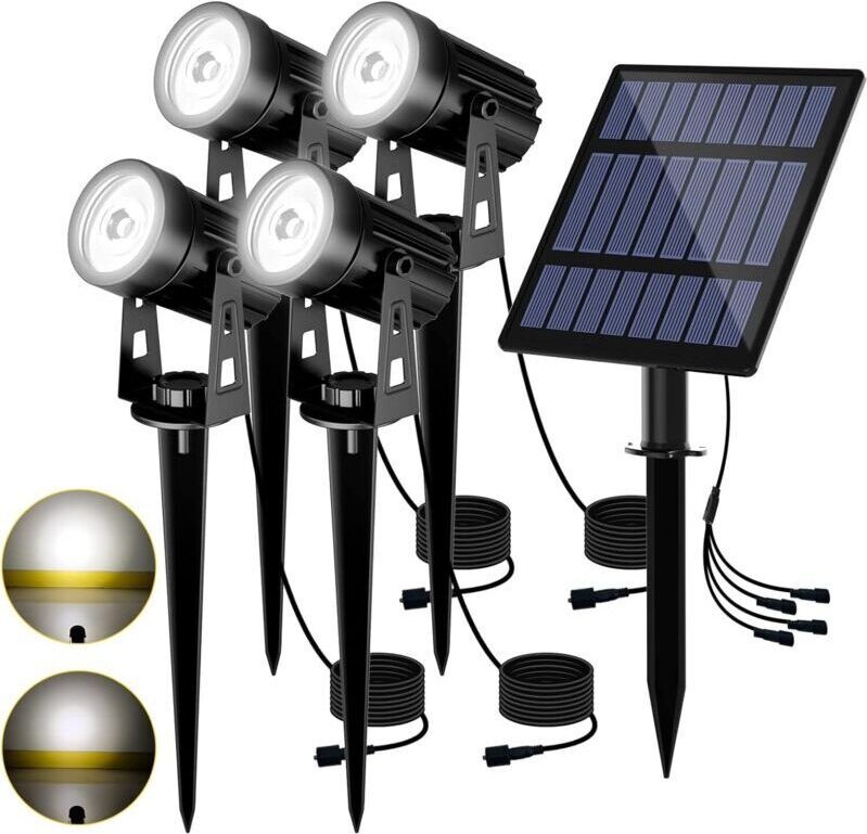 4-teiliges Solar-Strahler-Set, wasserdichte 6000K LED-Solarstrahler mit 12 m Kabel für Terrasse, Garten, Wege, Bäume