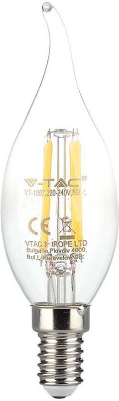 V-tac - E14 LED-Lampe, 4 w, 100 lm/W, Kerzenflamme, Glühfaden, Warmweiß