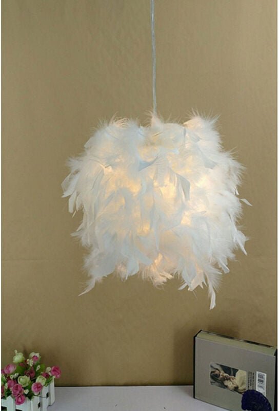 Pendelleuchte Weiß, 1 Flammig Moderne Kronleuchter, Romantisch Hängelampe mit Ø22cm Feder Lampenschirm E27 Lampenfassung