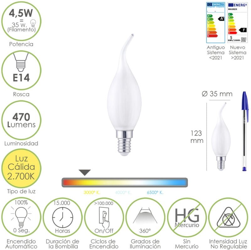 Maurer - Bombilla Led Filamento Vela Llama Esmerilada E14. 4,5 Watt. Equivale a 35 Watt. 470 Lumenes. Luz Calida 2700º k...