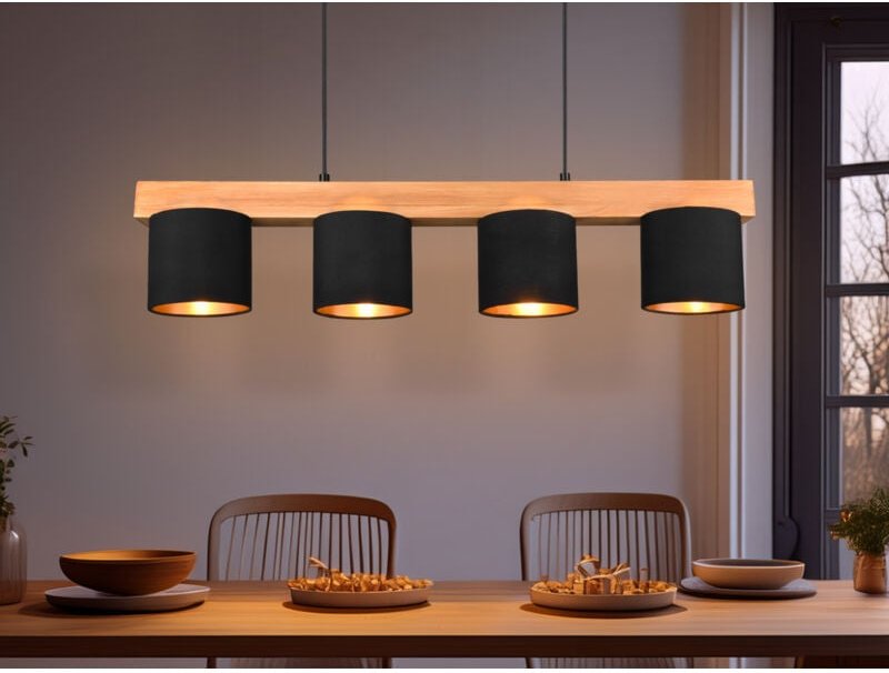 Meinewunschleuchte - led Holzbalken Pendelleuchte 4-flammig Stoffschirme Schwarz Gold, b: 75cm