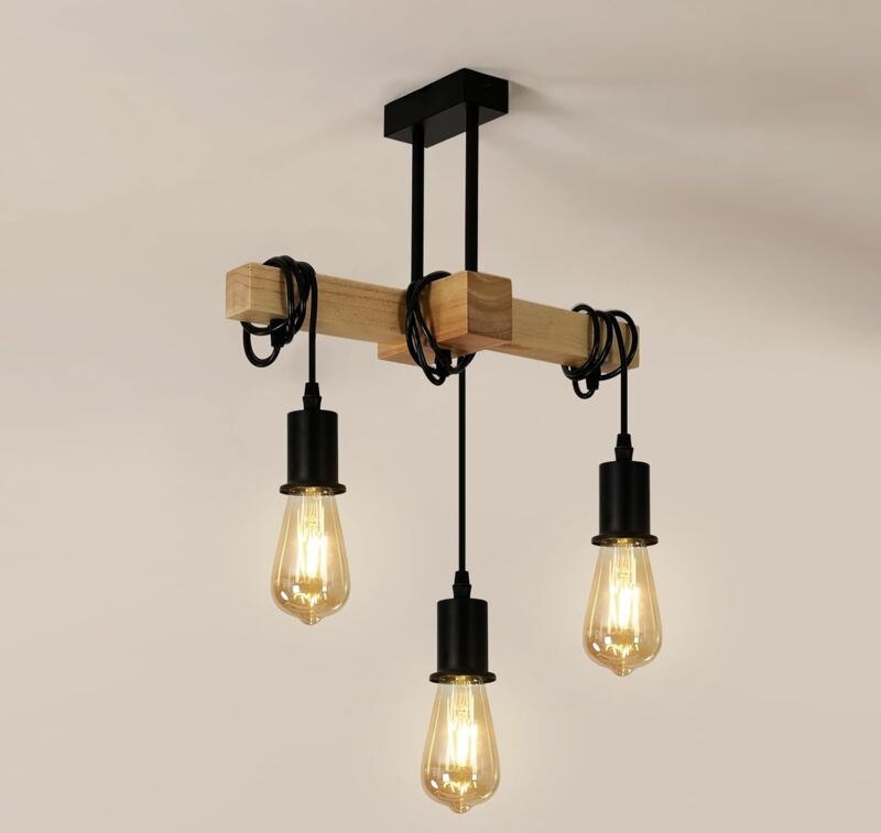 Industrielle Pendelleuchte, Vintage-Pendelleuchte aus Holz, Wohnzimmer-Kronleuchter aus schwarzem Metall, 3 E27-Fassunge...