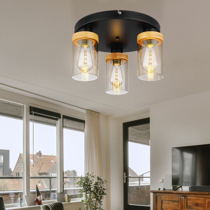Thumbnail - Globo - Deckenlampe Deckenleuchte Wohnzimmerleuchte Esszimmerlampe Flurleuchte, Metall Glas Holz rauchfarben schwarz, 3 ...