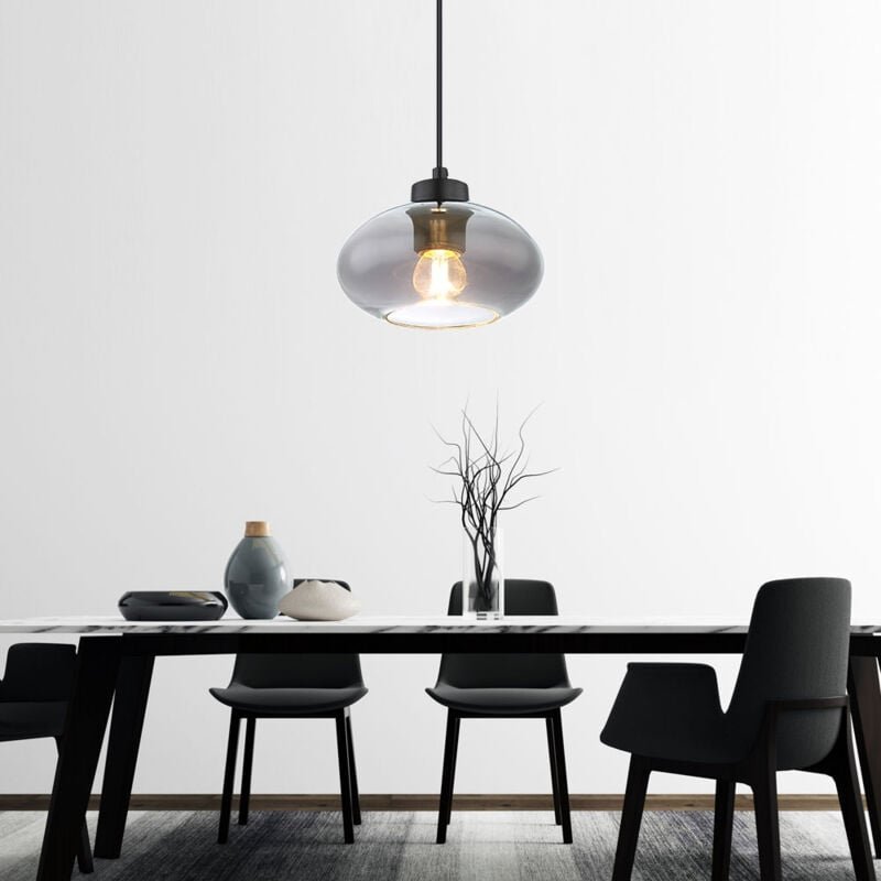 Pendelleuchte Rauchglas Hängelampe Glas Rauchglas Pendellampe Vintage Wohnzimmer, Metall schwarz, 1x E27 Fassung, DxH 18...