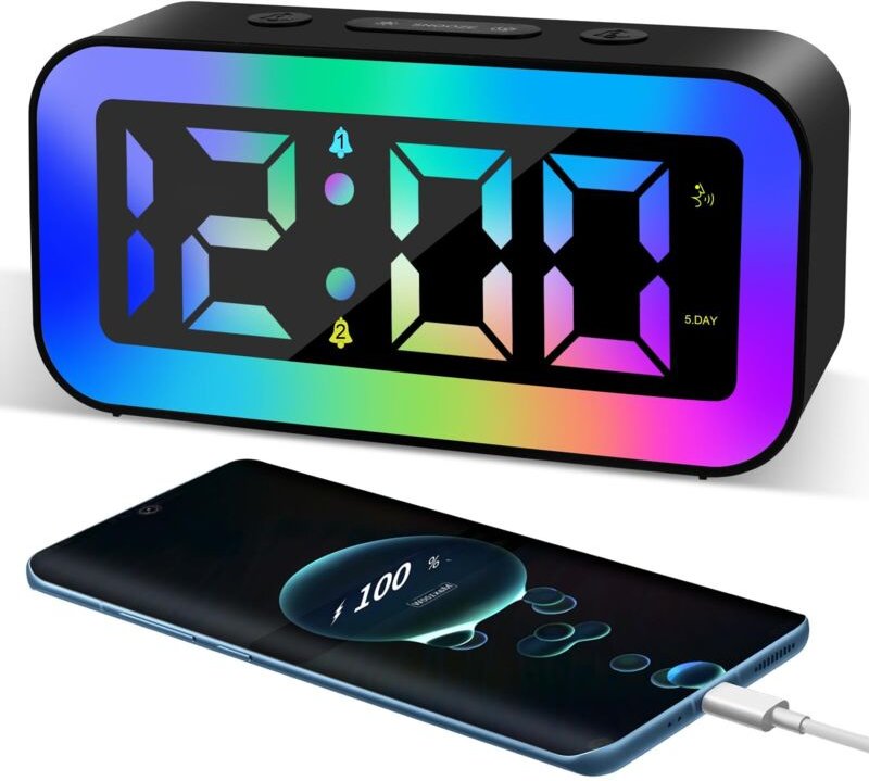 Digitaler Kinderwecker, RGB-Farben, 2 Weckmodi, 12/24-Stunden-Anzeige, einstellbare Helligkeit, Schlummerfunktion, Sprac...