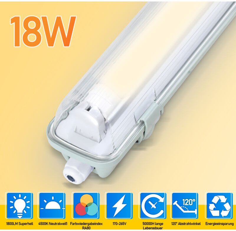 Randaco 6X LED Feuchtraumleuchte Badlampe Keller Wannenleuchte Tube Lamp 120cm 1 x 18W T8 Röhre Neutralweiß 4500K IP65