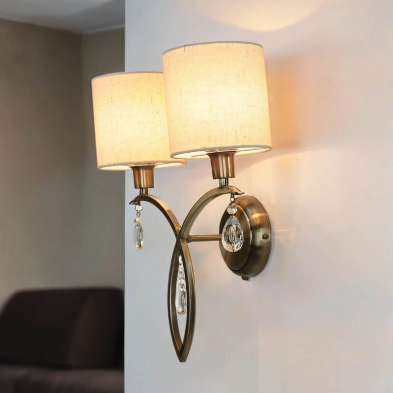 Wandleuchte Metall Stoff E14 41,5 cm hoch mit Schalter in Messing Antik Natur 2-flammig Klassisch