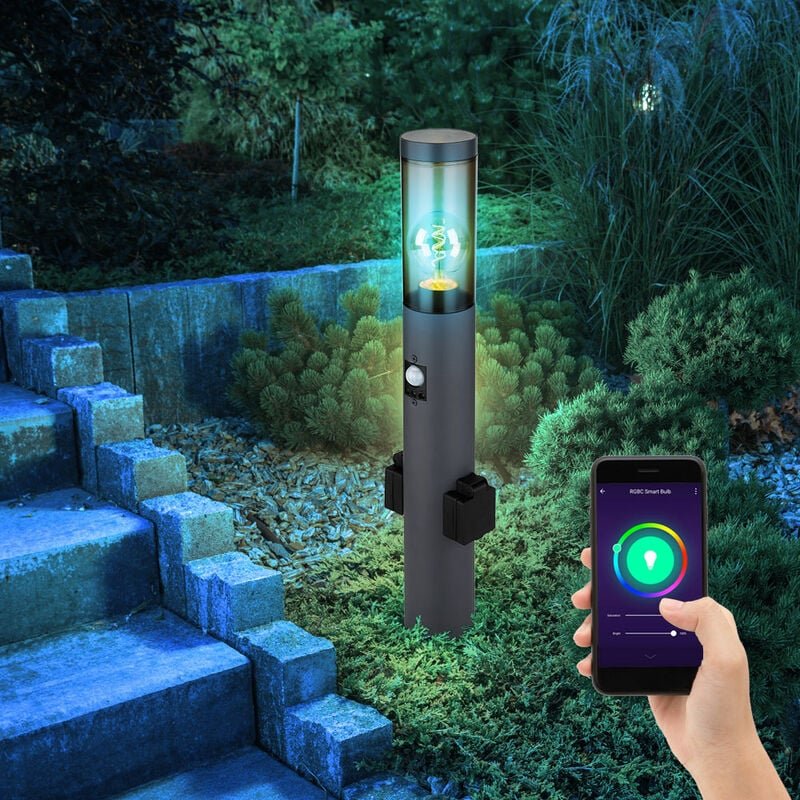 Sockelleuchte mit Bewegungsmelder Außenleuchte mit Steckdosen Stehlampe Außen, dimmbar App-Steuerung, 1x Smart rgb led 1...