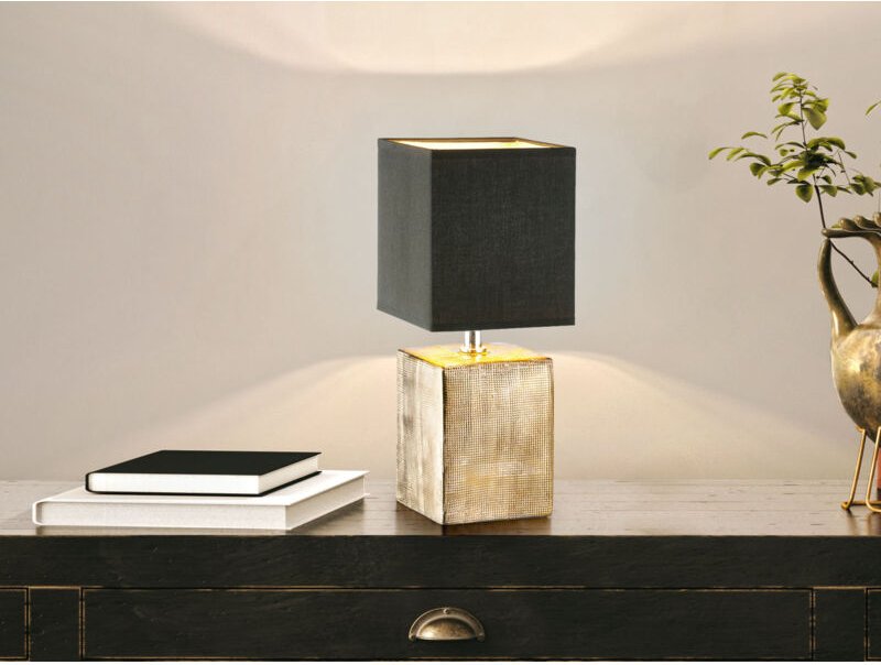 Thumbnail - Fischer&honsel - Tischleuchte ouro Bronze Antik mit Lampenschirm Stoff Schwarz, Höhe 35cm