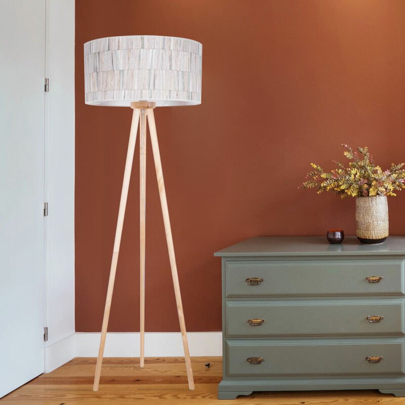 Stehlampe Stehleuchte Wohnzimmerlampe Beistelllampe Schlafzimmer, 3 Beine Birkenholz Tapete Landhaus, 1x E27 Fassung, Dx...