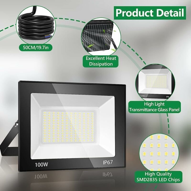 100 w LED-Flutlicht für den Außenbereich, 10000 lm, 7000 k, LED-Außenstrahler, 144 Chips, IP67, wasserdicht, kaltweiße L...