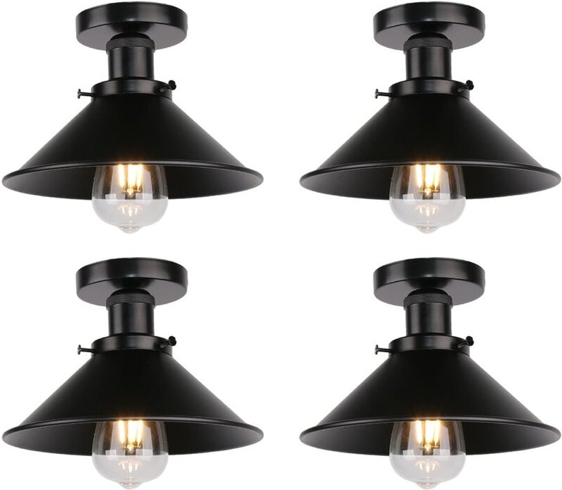 Deckenleuchte Vintage Retro Deckenlampe Industriell Eisen Lampenschirm Hutform 22cm Alles Schwarz 4PCS