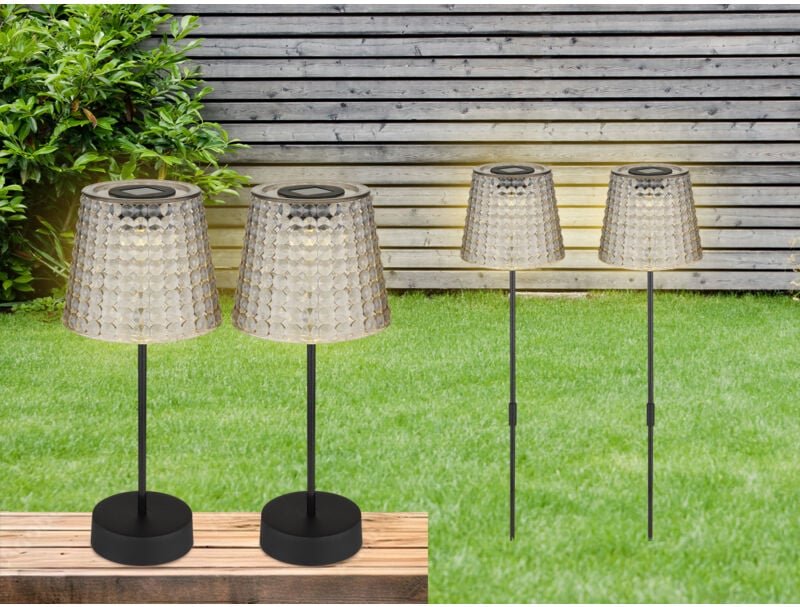 Meinewunschleuchte - Solarleuchten Set: 2er Sets Tischleuchten & Erdspießleuchten Rauchfarbig