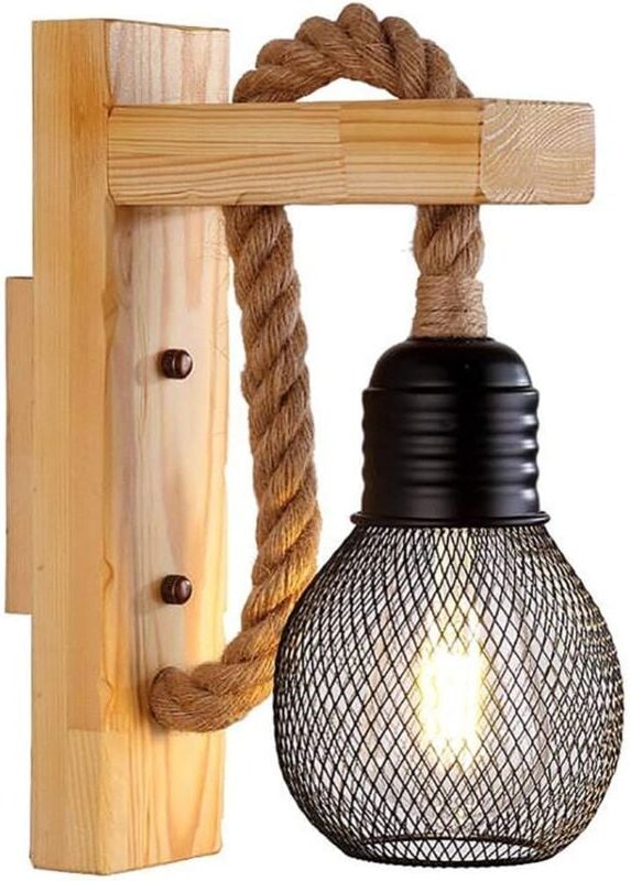 Vintage Industrielle Wandleuchte, Rustikale Wandlampe Aus Holz, Käfigschirm Aus Schwarzem Metall, Wandleuchte Zum Aufhän...