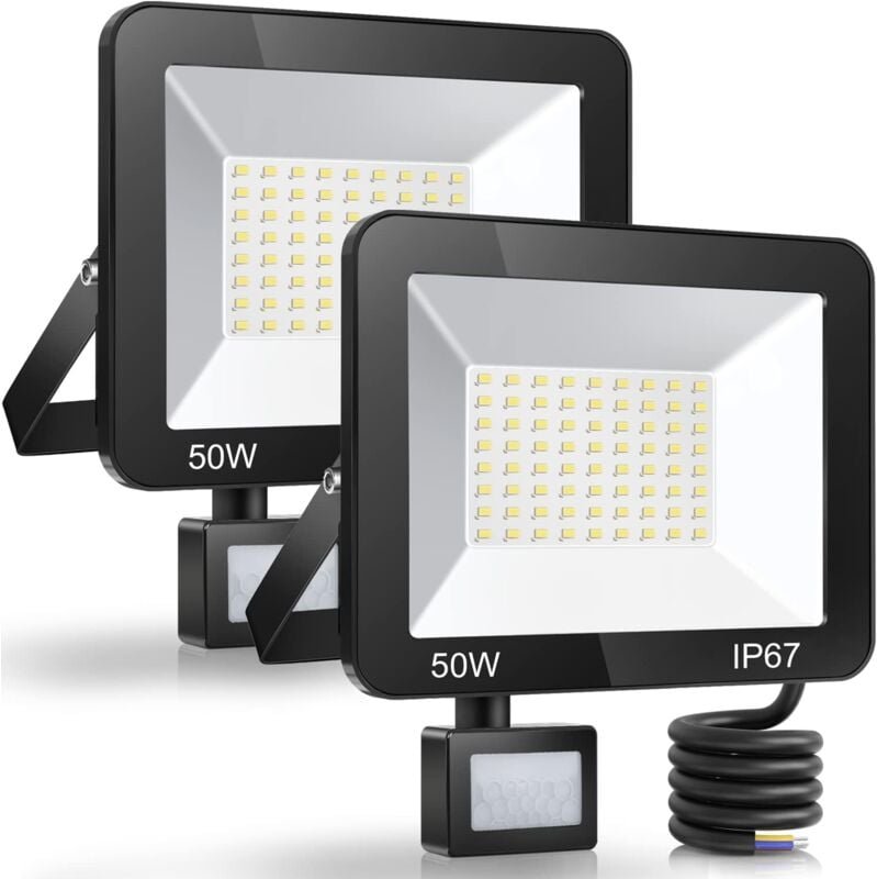 50W LED Außenstrahler mit Bewegungsmelder, 2er-Pack, IP67 Wasserdichter LED Fluter mit Sensor, 5000LM 7000K Kaltweiß Auß...