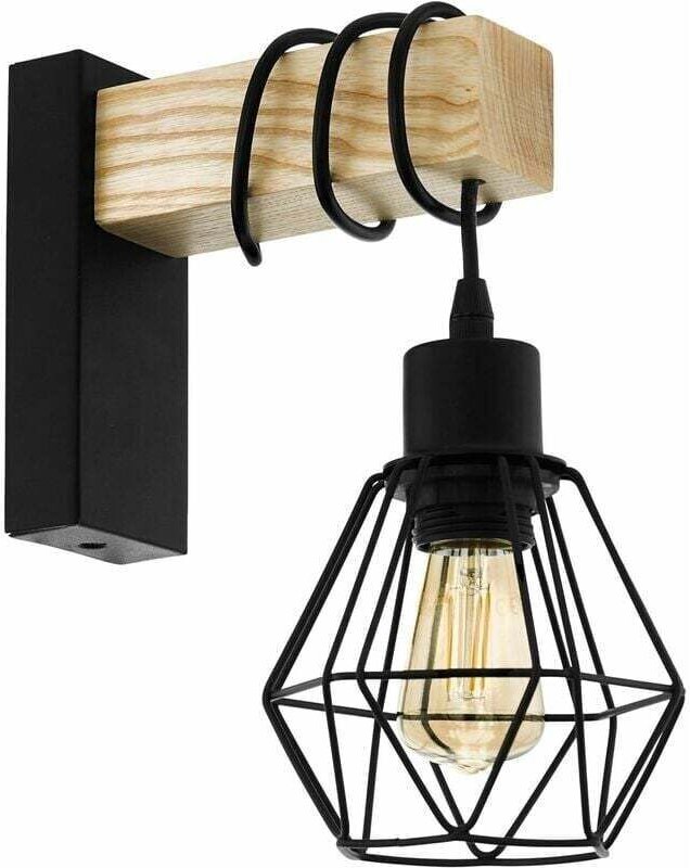 Gabrielle - Wandleuchte Innenbeleuchtung mit Vintage- und Industriedesign, Retro-Lampe aus schwarzem Stahl und Holz, E27...