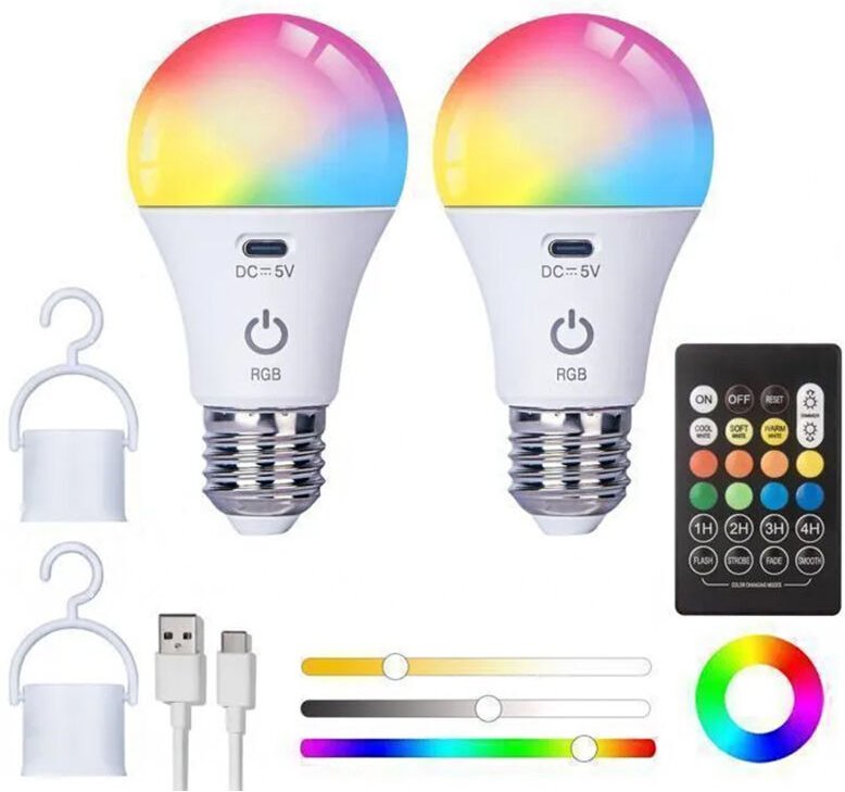 Wiederaufladbare USB-C-Akku-Glühbirne mit Fernbedienung – E27 RGB Smart-Glühbirne – 3 Farbtemperaturen – 2200 mAh – 5 W ...